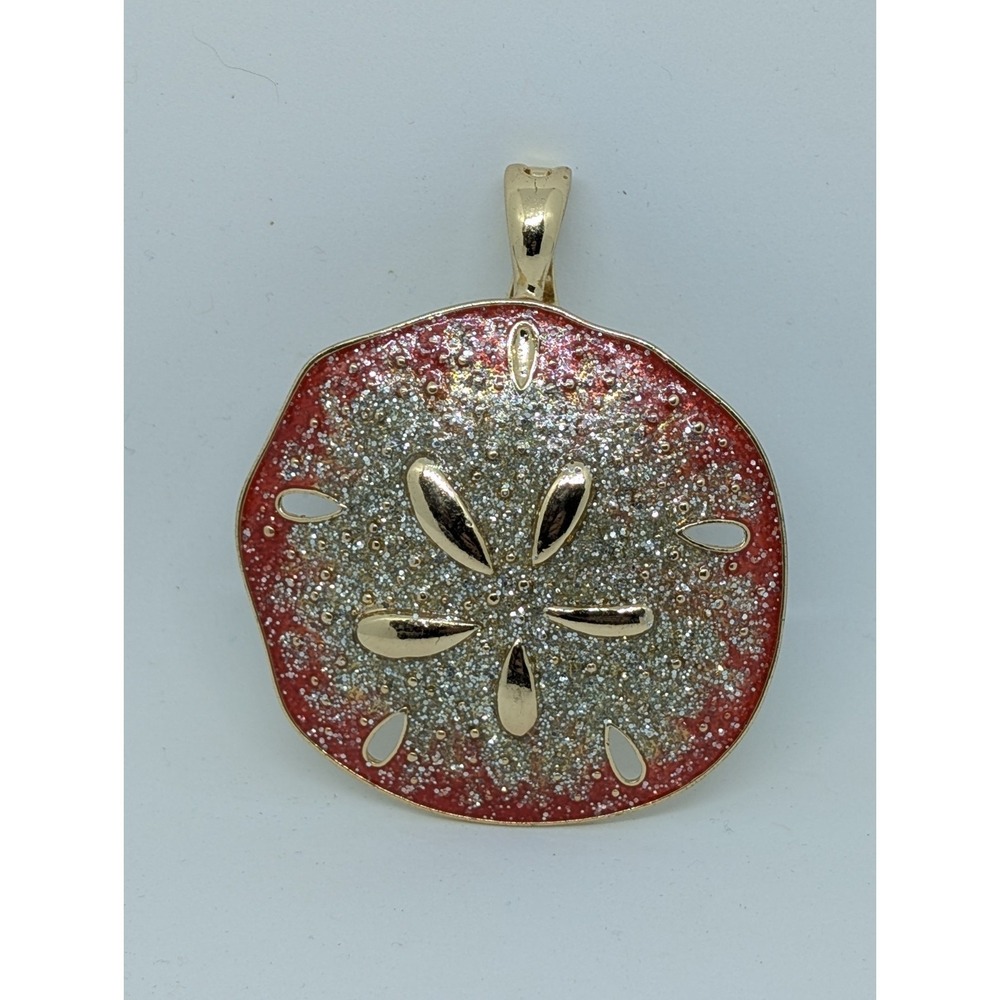 Vintage Roman Orange & Gold Tone Glittery‎ Sand Dollar Necklace Enhancer Pendant